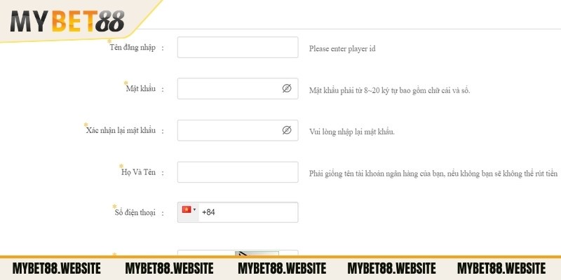 Để tham gia bước đầu tiên là bạn cần đăng ký Mybet88, tài khoản