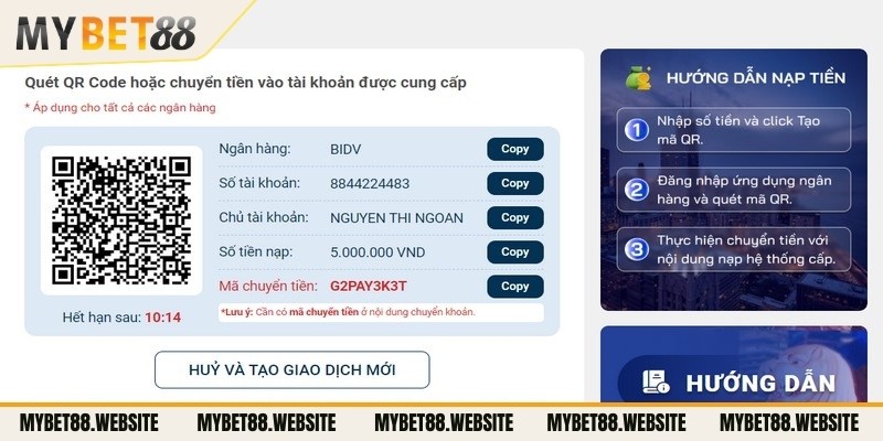 Chuyển khoản ngân hàng là phương thức nạp tiền Mybet88 phổ biến nhất